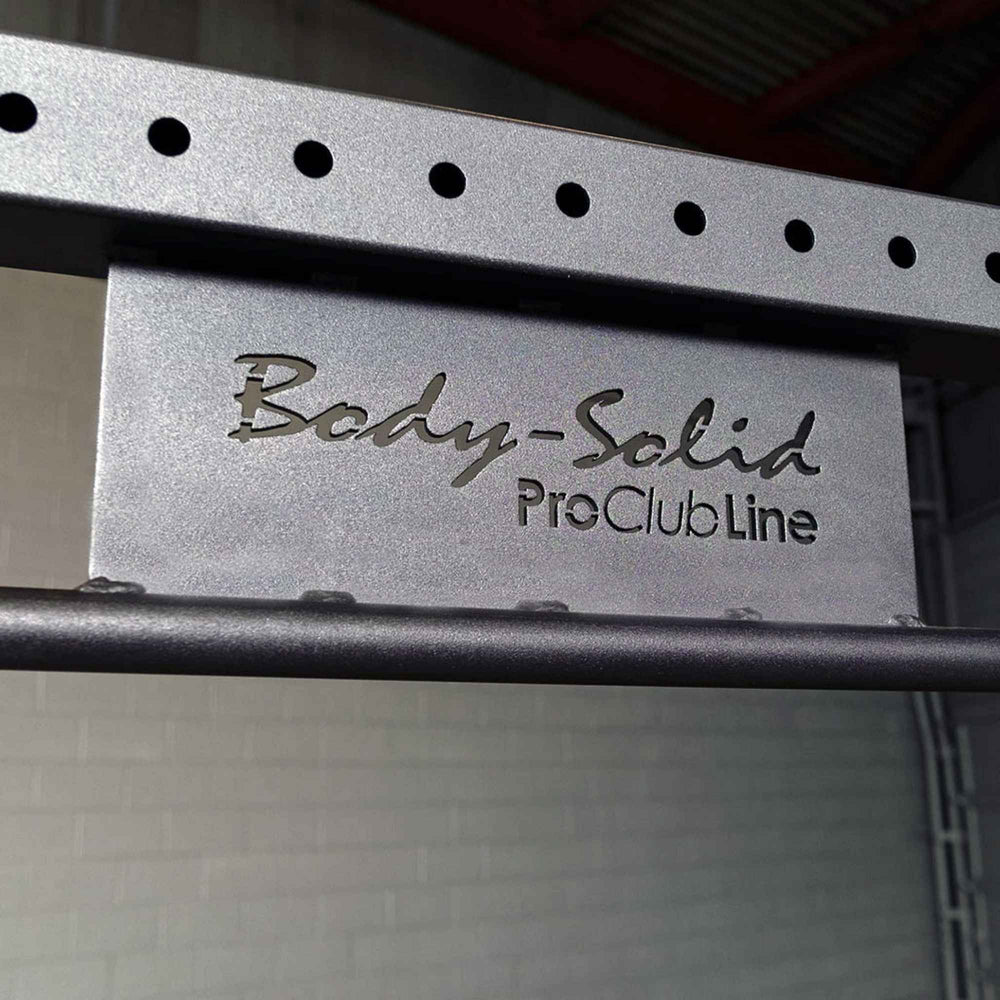 Body-Solid Pro ClubLine Half Rack with Rear Extension SPR500BACK Close-up branding plate on commercial rack