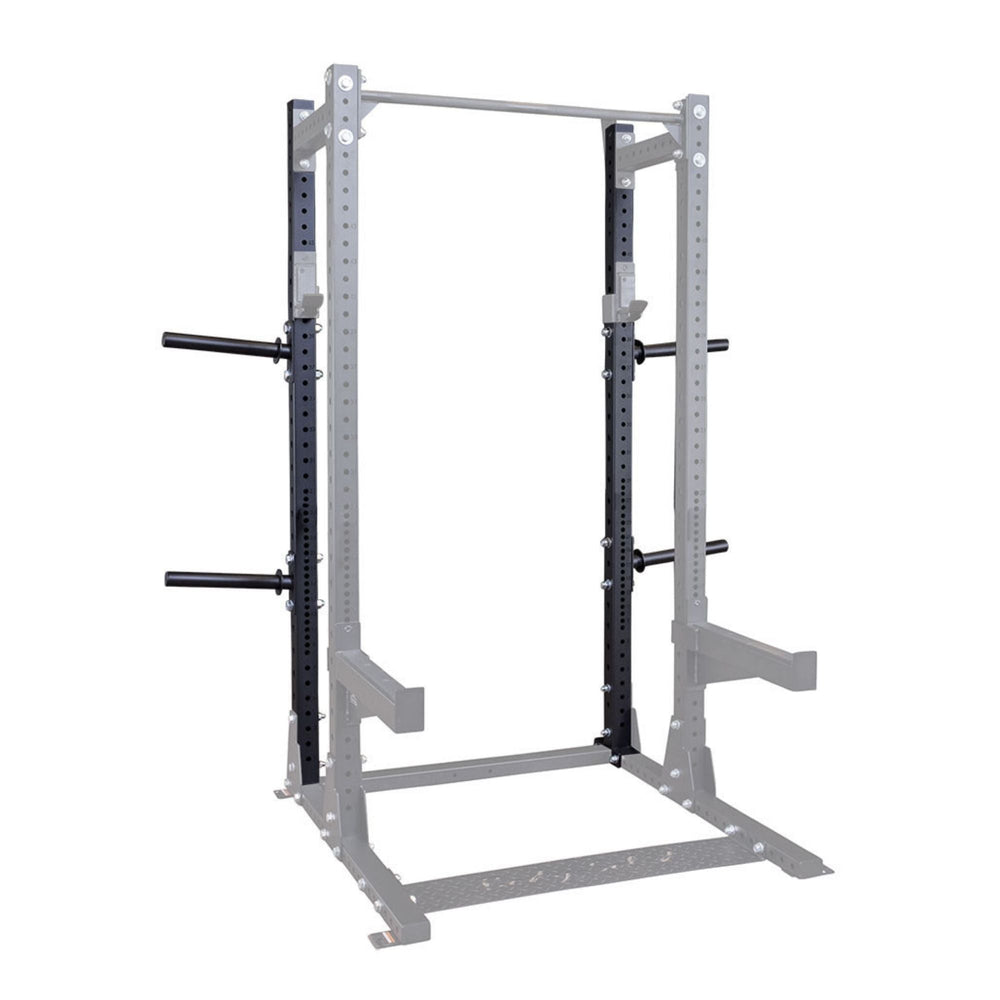Body-Solid Pro ClubLine Half Rack with Rear Extension SPR500BACK Highlighted safety spotter arms on power rack