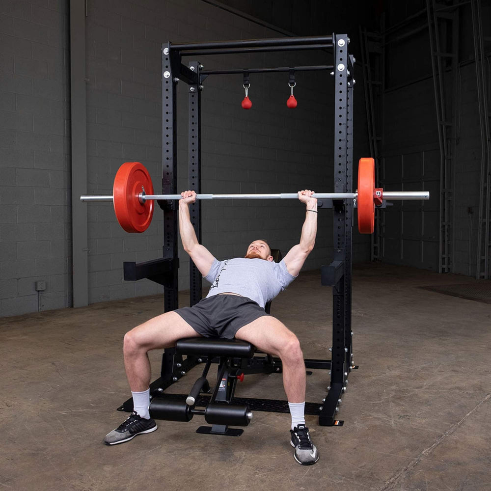 Body-Solid Pro ClubLine Half Rack with Rear Extension SPR500BACK Incline bench press exercise inside squat rack