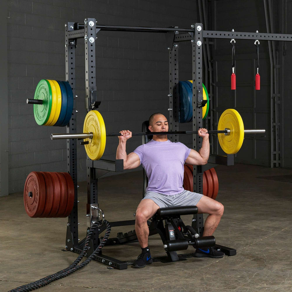 Body-Solid Pro ClubLine Half Rack with Rear Extension SPR500BACK Overhead shoulder press inside commercial squat rack