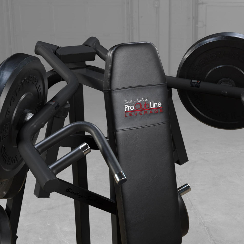 Body-Solid Pro ClubLine LVSP Leverage Shoulder Press LVSPB Close-up view of Body-Solid LVSP Leverage Shoulder Press upper frame, handles, and backrest with ProClub Line Leverage branding visible.
