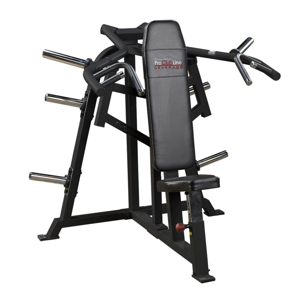 Body-Solid Pro ClubLine LVSP Leverage Shoulder Press LVSPB Leverage Shoulder Press machine in black finish with multiple grip handles and plate-loaded weight horns.
