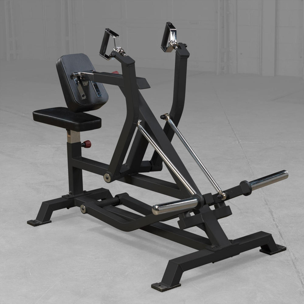 Body-Solid Pro ClubLine LVSR Leverage Seated Row LVSRB Close-up of Body-Solid LVSR seated row machine loaded with black Body-Solid Olympic weight plates, set in commercial gym environment.
