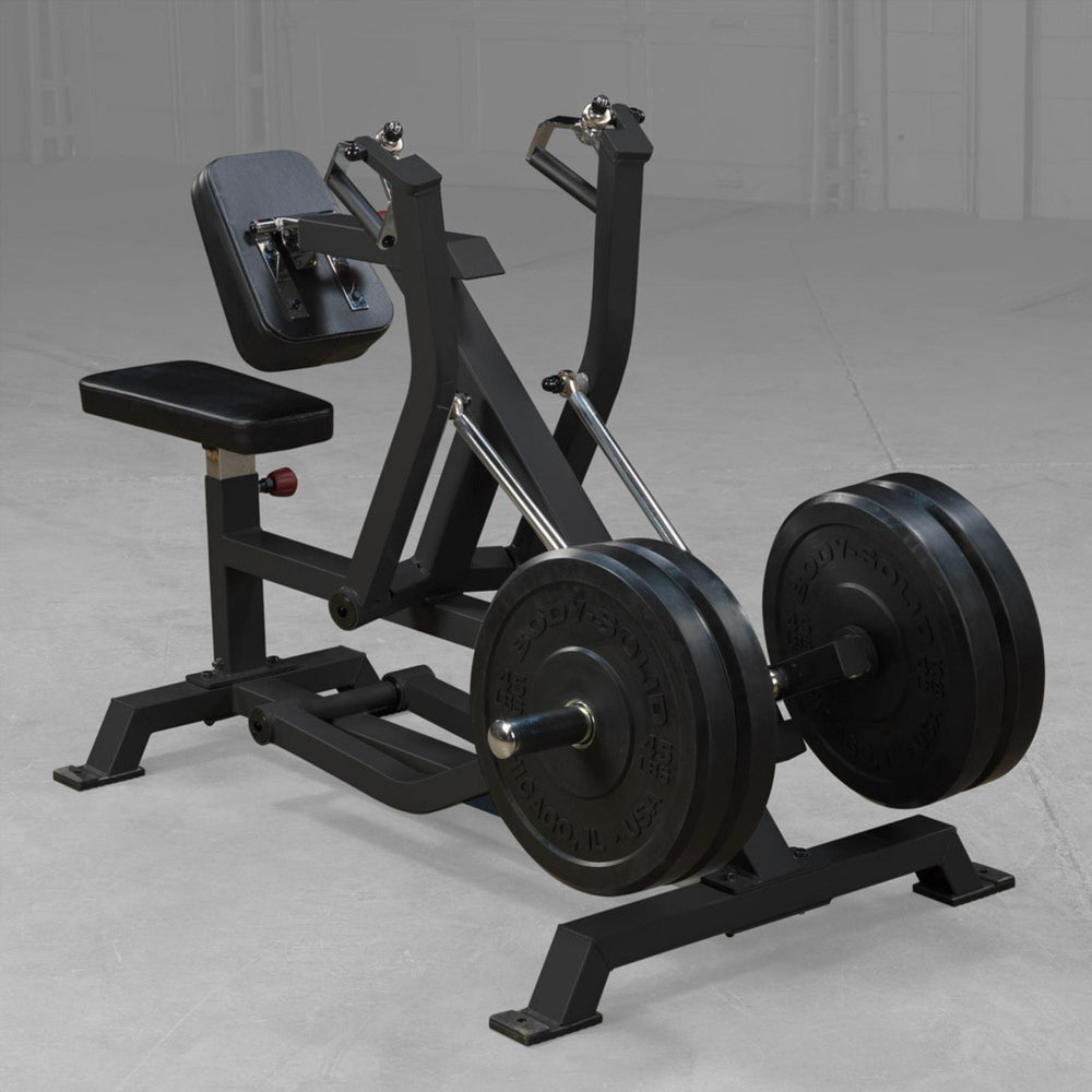 Body-Solid Pro ClubLine LVSR Leverage Seated Row LVSRB Leverage Seated Row machine with chrome handle grips and heavy-duty steel frame, displayed in professional gym setup.