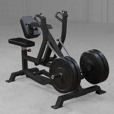 Body-Solid Pro ClubLine LVSR Leverage Seated Row LVSRB Leverage Seated Row machine with chrome handle grips and heavy-duty steel frame, displayed in professional gym setup.