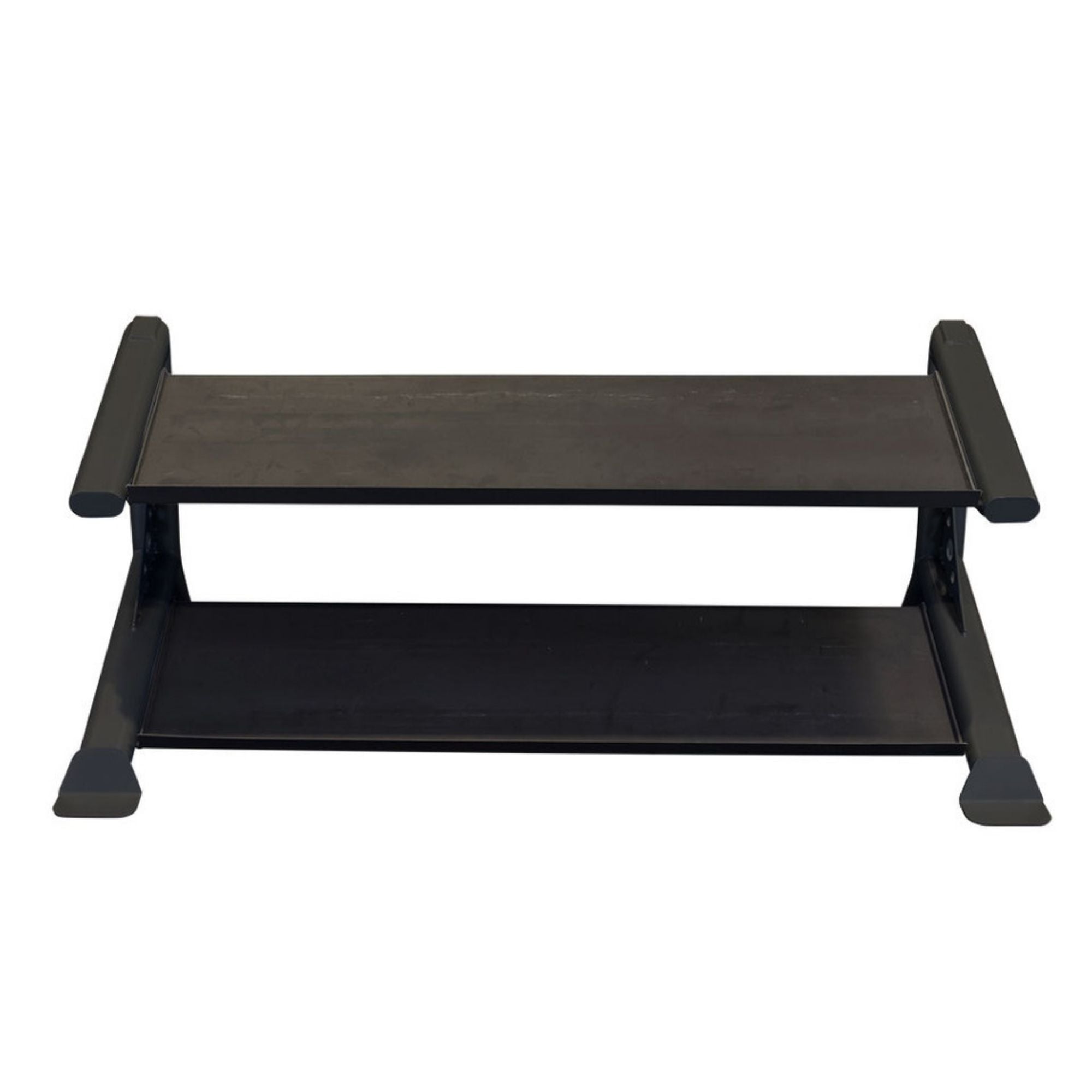 Body-Solid Pro ClubLine Modular Storage Rack with Dumbbell Tiers SDKR500DBX Empty two-tier black steel rack designed for storing dumbbells, kettlebells, or other gym accessories