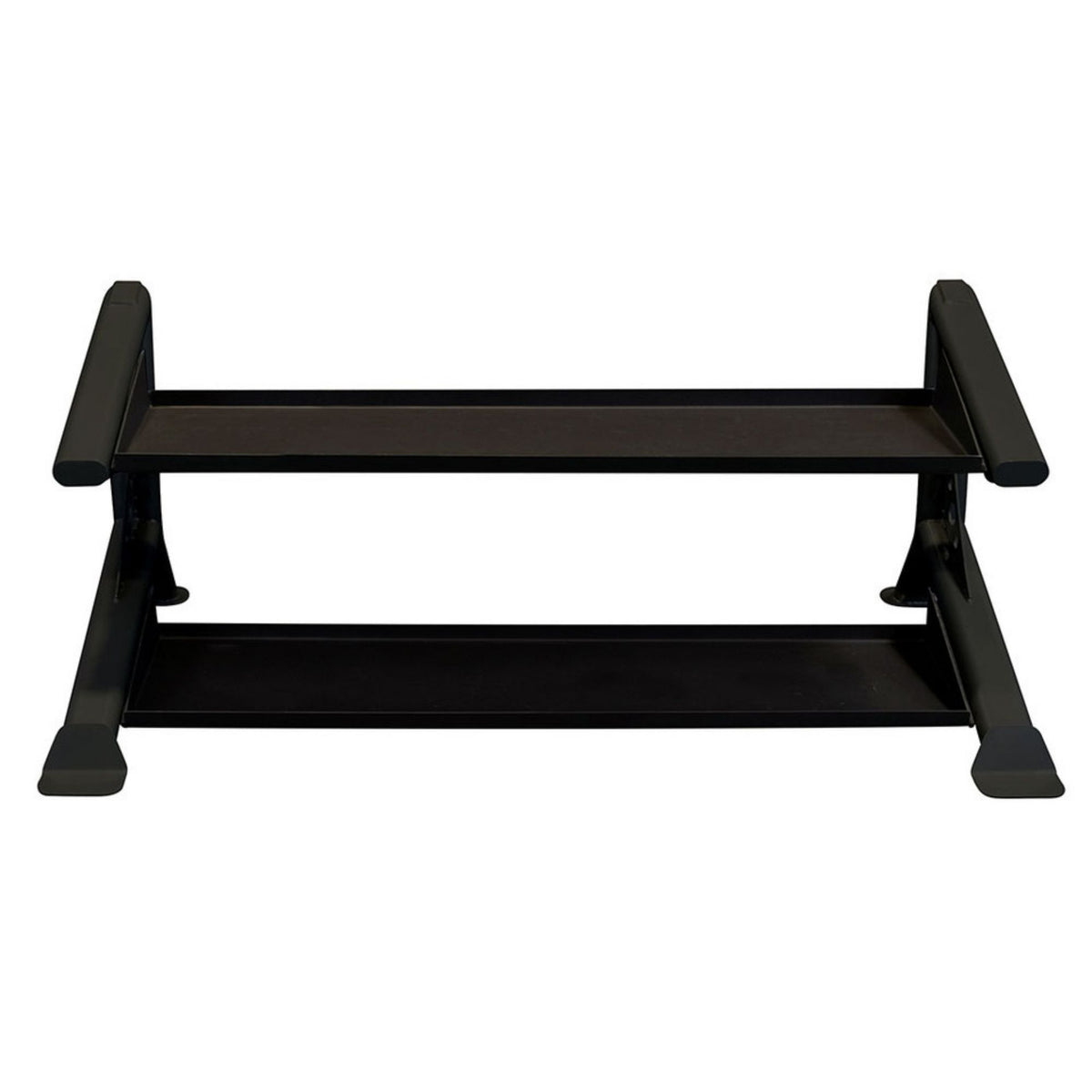 Body-Solid Pro ClubLine Modular Storage Rack with Kettlebell Tiers SDKRKBX Heavy-duty black 2-tier rack with flat shelves for fitness gear storage including kettlebells and dumbbells.
