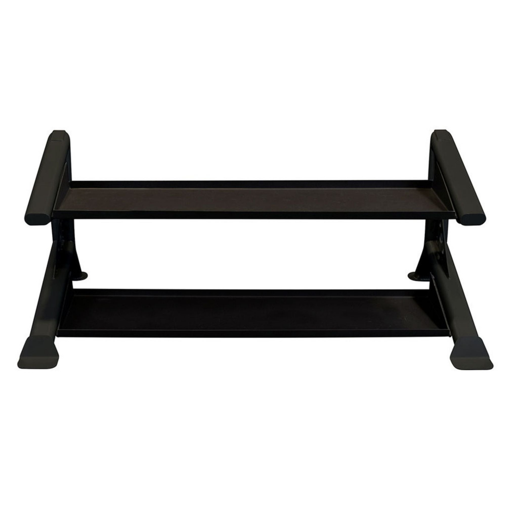 Body-Solid Pro ClubLine Modular Storage Rack with Kettlebell Tiers SDKRKBX Heavy-duty black 2-tier rack with flat shelves for fitness gear storage including kettlebells and dumbbells.
