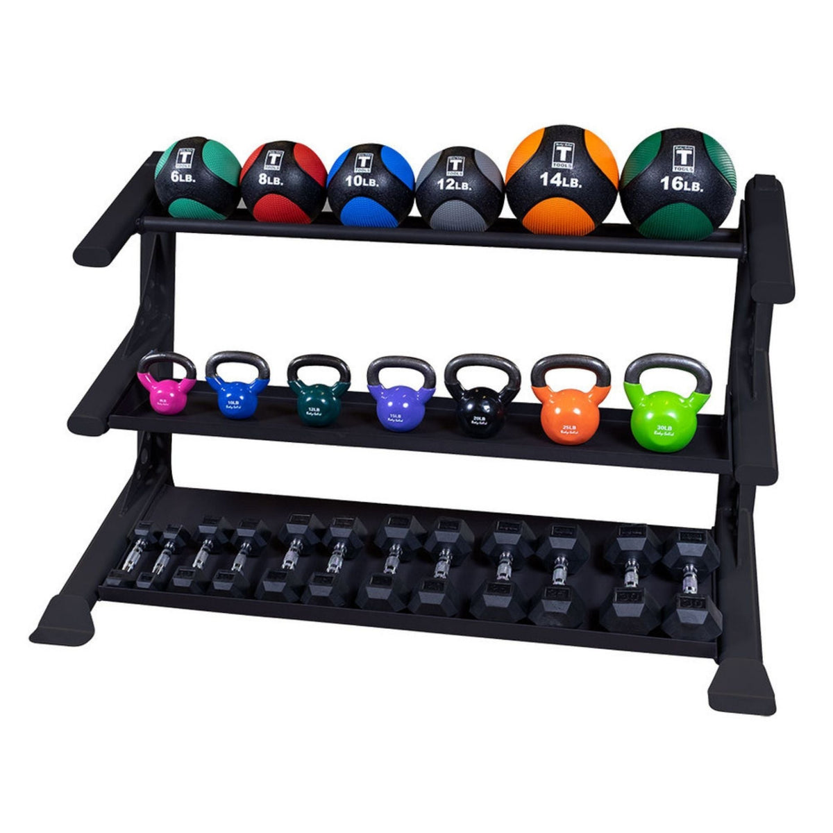 Body-Solid Pro ClubLine Modular Storage Rack with Kettlebell Tiers SDKRKBX Three-tier gym rack displaying medicine balls, kettlebells, and hex dumbbells neatly arranged for training space organization.
