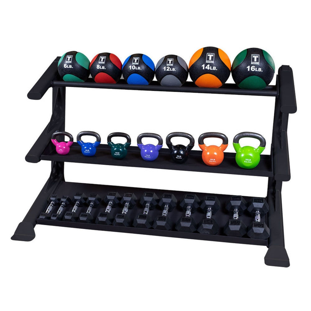 Body-Solid Pro ClubLine Modular Storage Rack with Medicine Ball 3 Tiers SDKR1000MBX Three-tier gym storage rack holding medicine balls, kettlebells, and dumbbells in assorted colors and weights