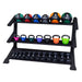 Body-Solid Pro ClubLine Modular Storage Rack with Medicine Ball 3 Tiers SDKR1000MBX Three-tier gym storage rack holding medicine balls, kettlebells, and dumbbells in assorted colors and weights