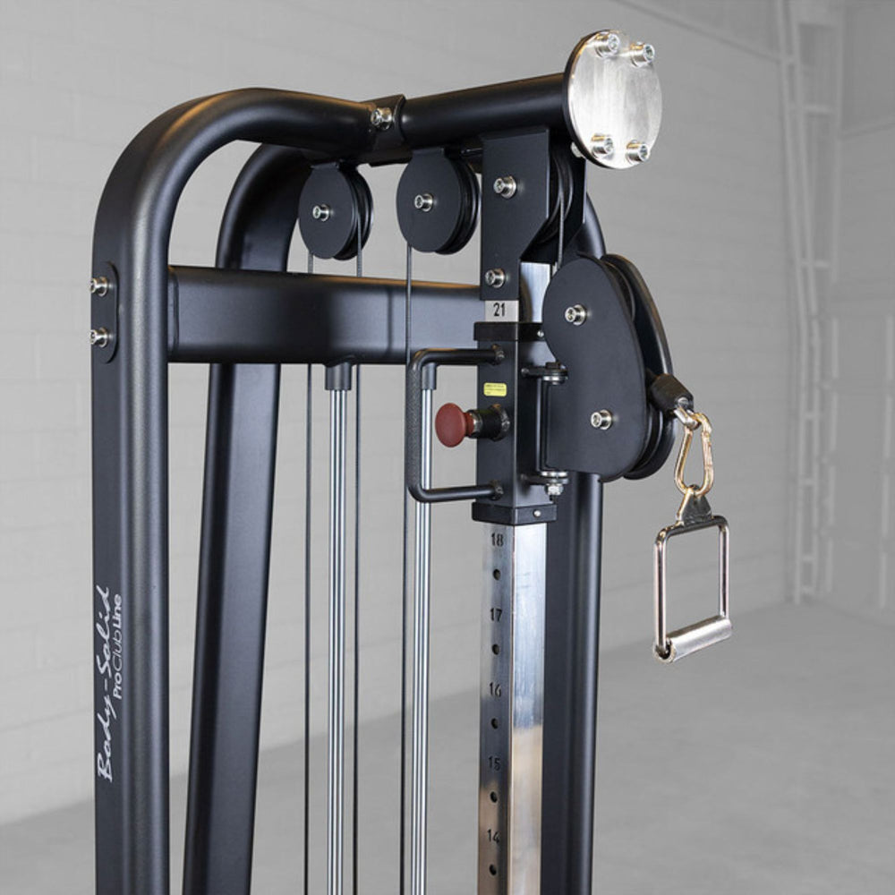 Body-Solid Pro ClubLine SJG Jungle Gym SJG500 Detailed view of top pulleys, frame, and adjustable handle attachment of a Body-Solid Pro Club Line cable machine.

