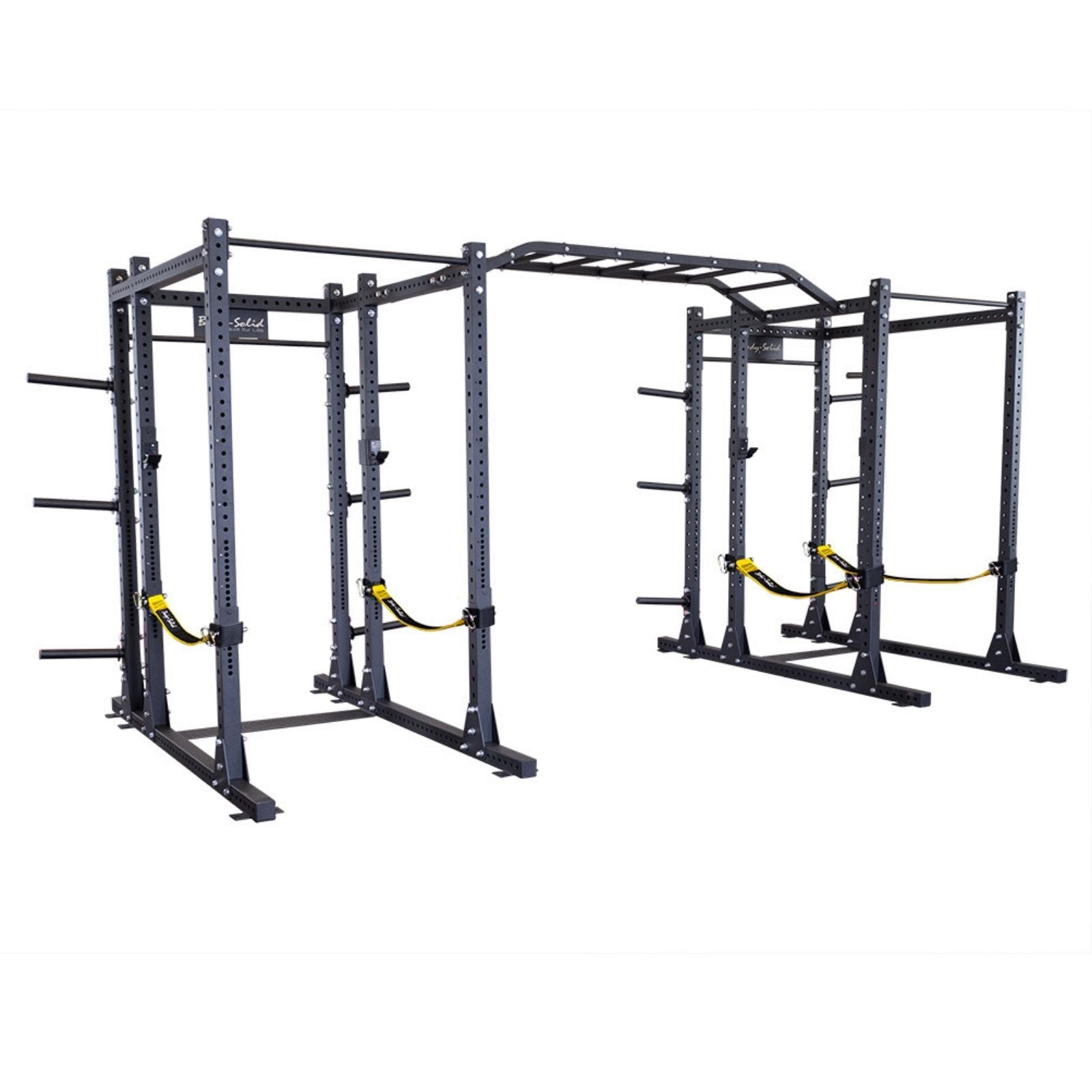 Body-Solid Pro ClubLine Double Power Racks with Rear Extensions and Monkey Bars with Safety Straps SPR1000SSDBBACK