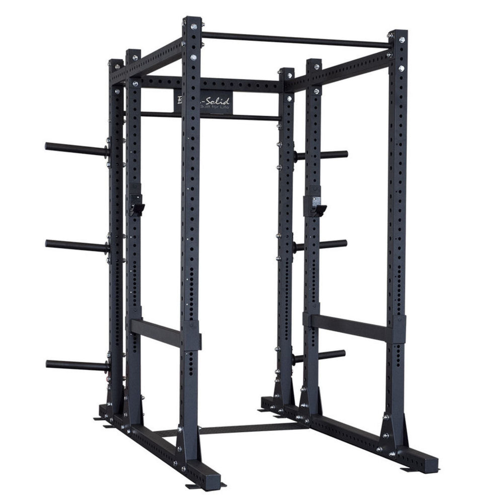 Body-Solid Pro ClubLine SPRBACK Power Rack Rear Extension SPRBACK Angled view highlighting the rear frame section of a Body-Solid power rack, with front portion shown in grey to emphasize the extension structure.
