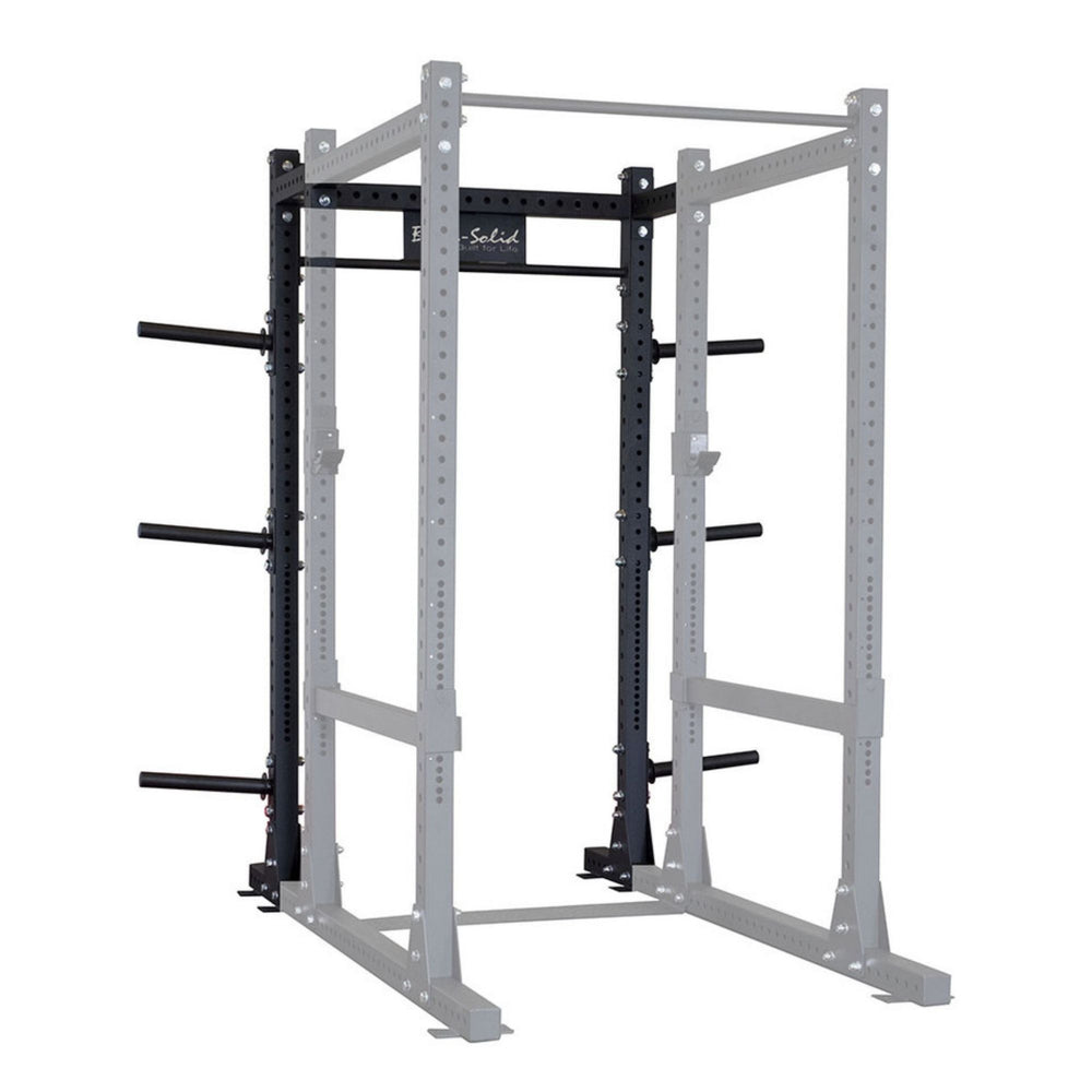 Body-Solid Pro ClubLine SPRBACK Power Rack Rear Extension SPRBACK Full view of a black Body-Solid power rack with multiple adjustment holes, support bars, and weight plate storage pegs.