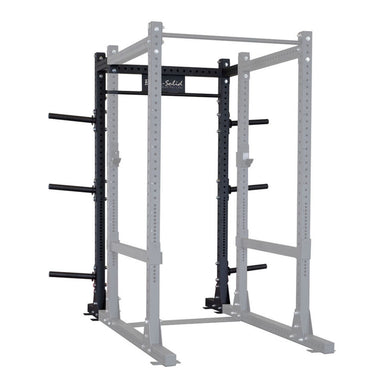 Body-Solid Pro ClubLine SPRBACK Power Rack Rear Extension SPRBACK Full view of a black Body-Solid power rack with multiple adjustment holes, support bars, and weight plate storage pegs.