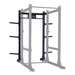 Body-Solid Pro ClubLine SPRBACK Power Rack Rear Extension SPRBACK Full view of a black Body-Solid power rack with multiple adjustment holes, support bars, and weight plate storage pegs.
