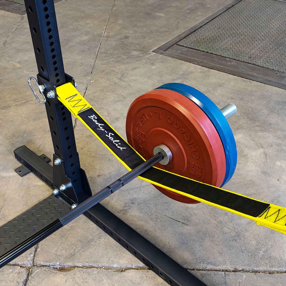 Body-Solid Pro ClubLine Safety Straps Power Rack SPRSS  with rack up close with barbell