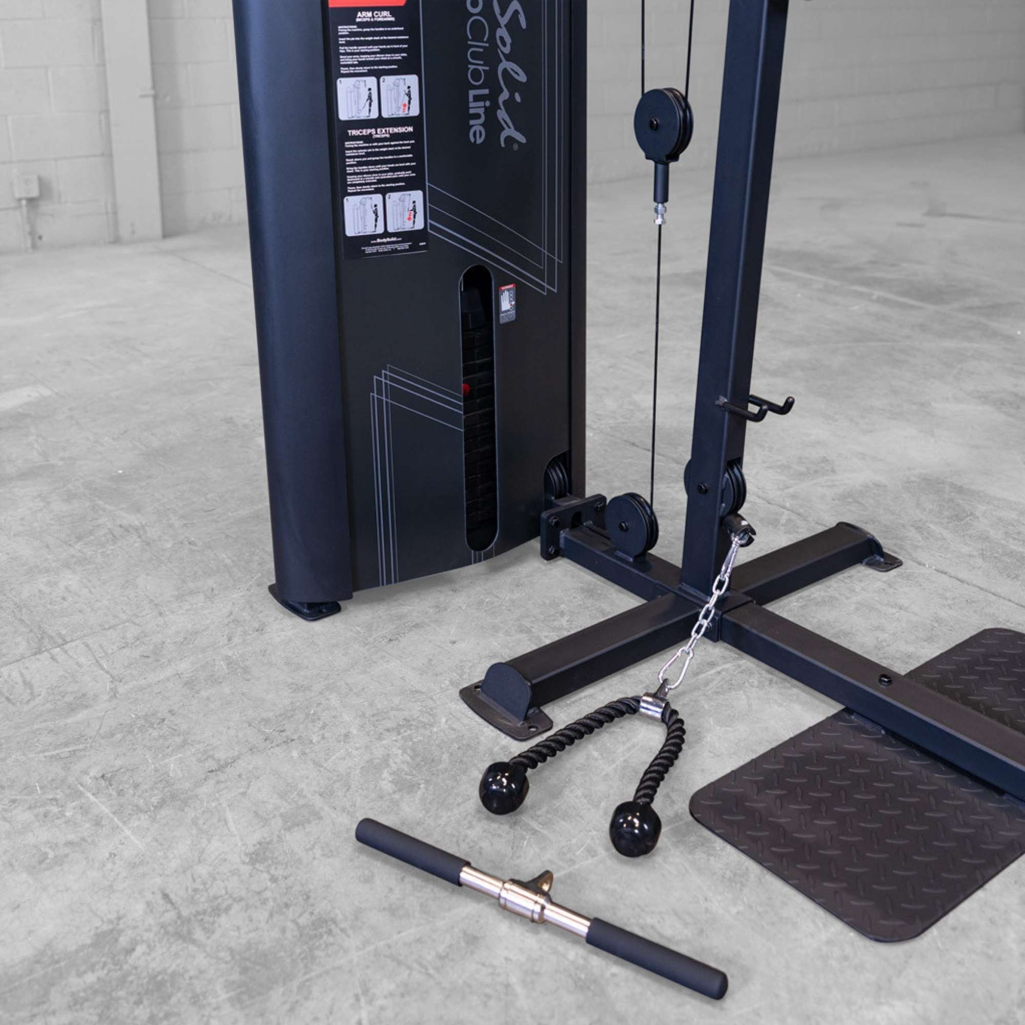 Body-Solid Pro ClubLine Series 2 Biceps Triceps S2BTPX Strength machine weight stack and cable pulley base with tricep rope and straight bar attachments on the floor
