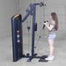Body-Solid Pro ClubLine Series 2 Biceps Triceps S2BTPX Woman doing cable curls with a dual grip rope attachment on a tall black cable machine in an empty gym.