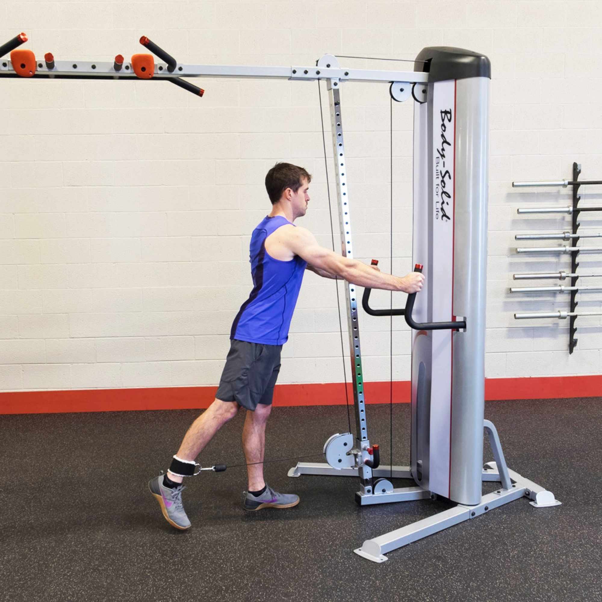 Body-Solid Pro ClubLine Series 2 Cable Crossover S2CCO  Rear kickback with ankle strap on  adjustable pulley machine