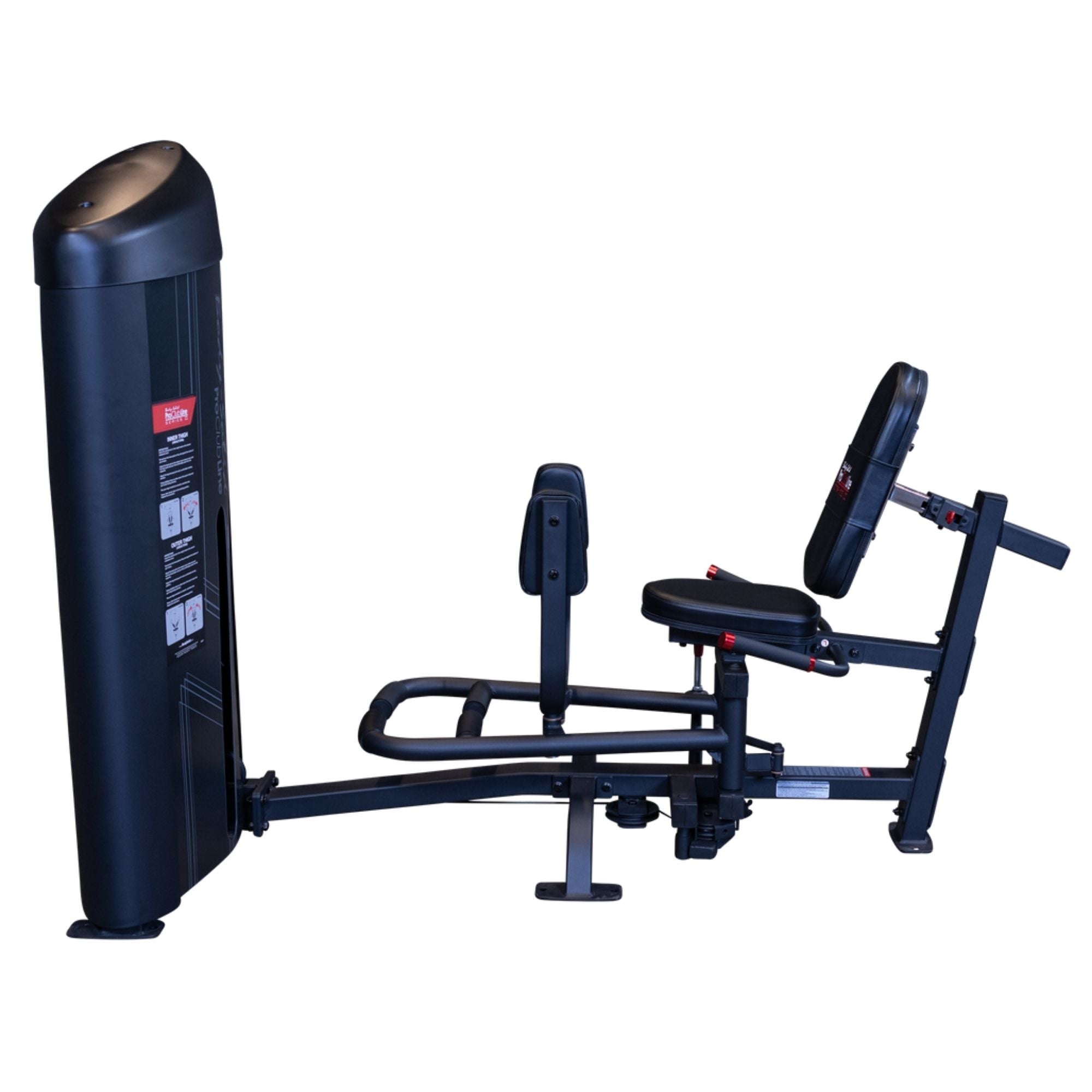 Body-Solid Pro ClubLine Series 2 Inner Outer Thigh S2IOTX Side profile of a Body-Solid Pro Club Line hip abductor machine showing seat, backrest, and leg pads without a user