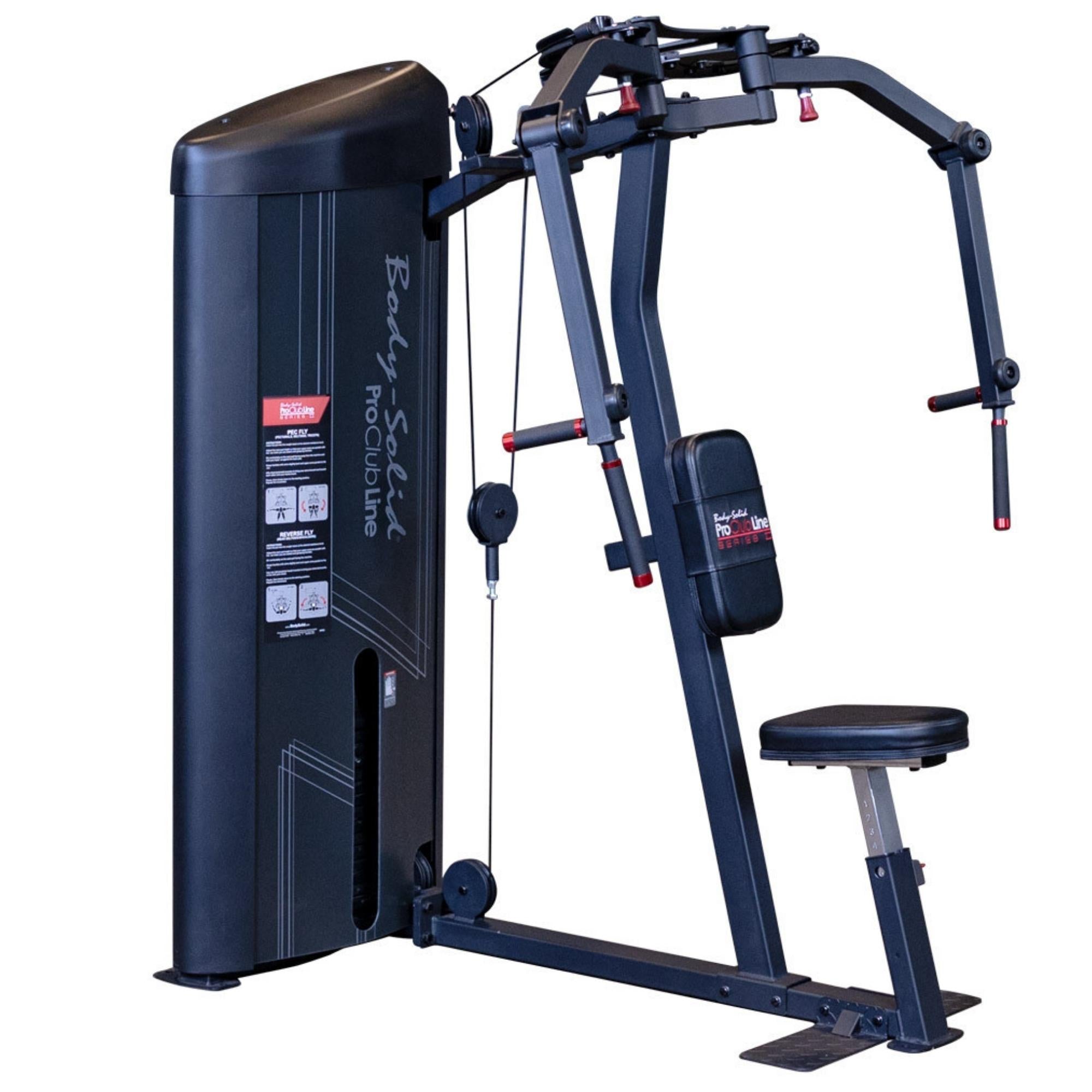 Body-Solid Pro ClubLine Series 2 Pec Delt S2PECX Body-Solid ProClub Line pec deck and rear delt machine with adjustable arms and padded seat in a gym setting, shown without a user