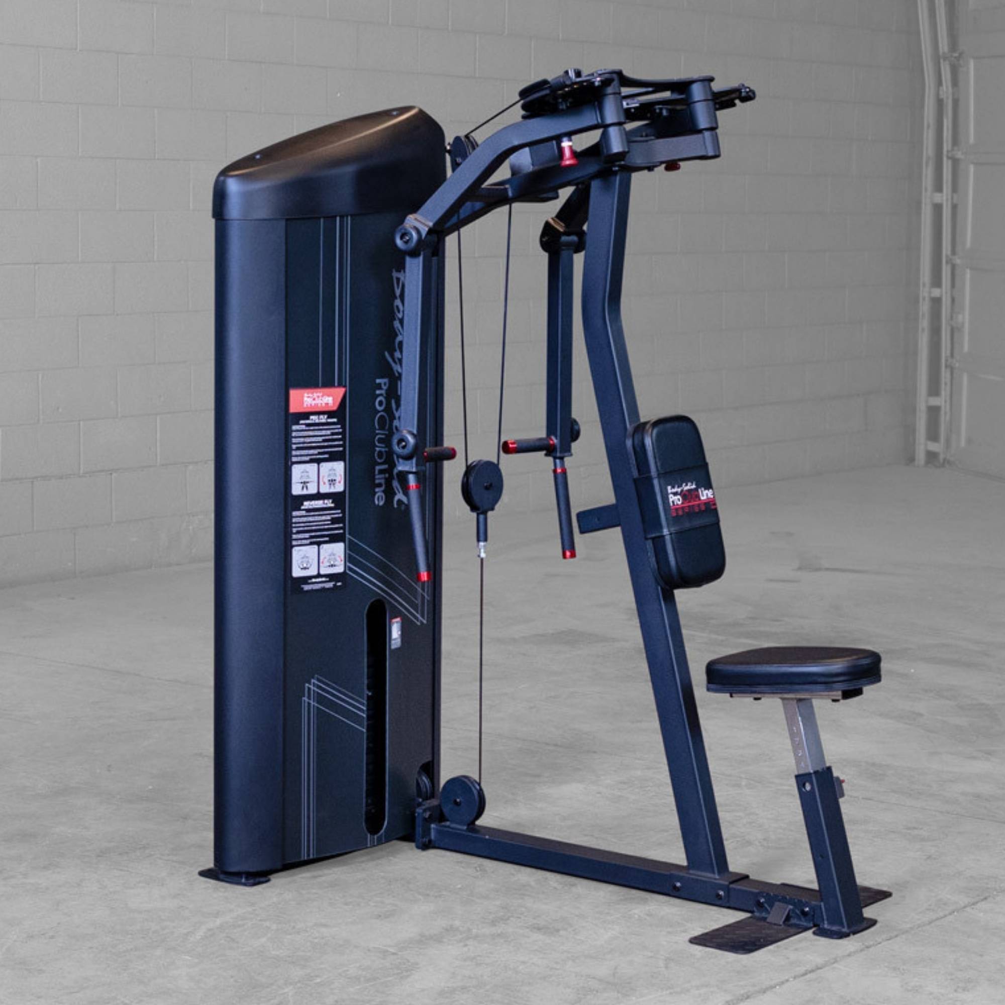 Body-Solid Pro ClubLine Series 2 Pec Delt S2PECX Front angle view of Body-Solid ProClub Line pec deck and rear delt combo machine, featuring adjustable arms, cable system, and cushioned seat