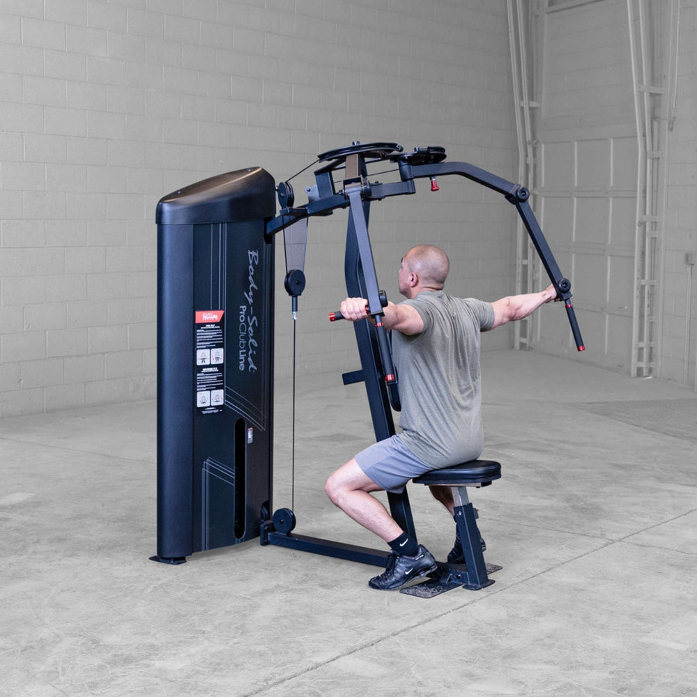 Body-Solid Pro ClubLine Series 2 Pec Delt S2PECX Man using Body-Solid ProClub Line machine performing rear delt fly with arms extended wide