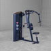 Body-Solid Pro ClubLine Series 2 Pec Delt S2PECX Side angled view of Body-Solid ProClub Line strength training machine with weight stack enclosure, seat, and arm levers in neutral position