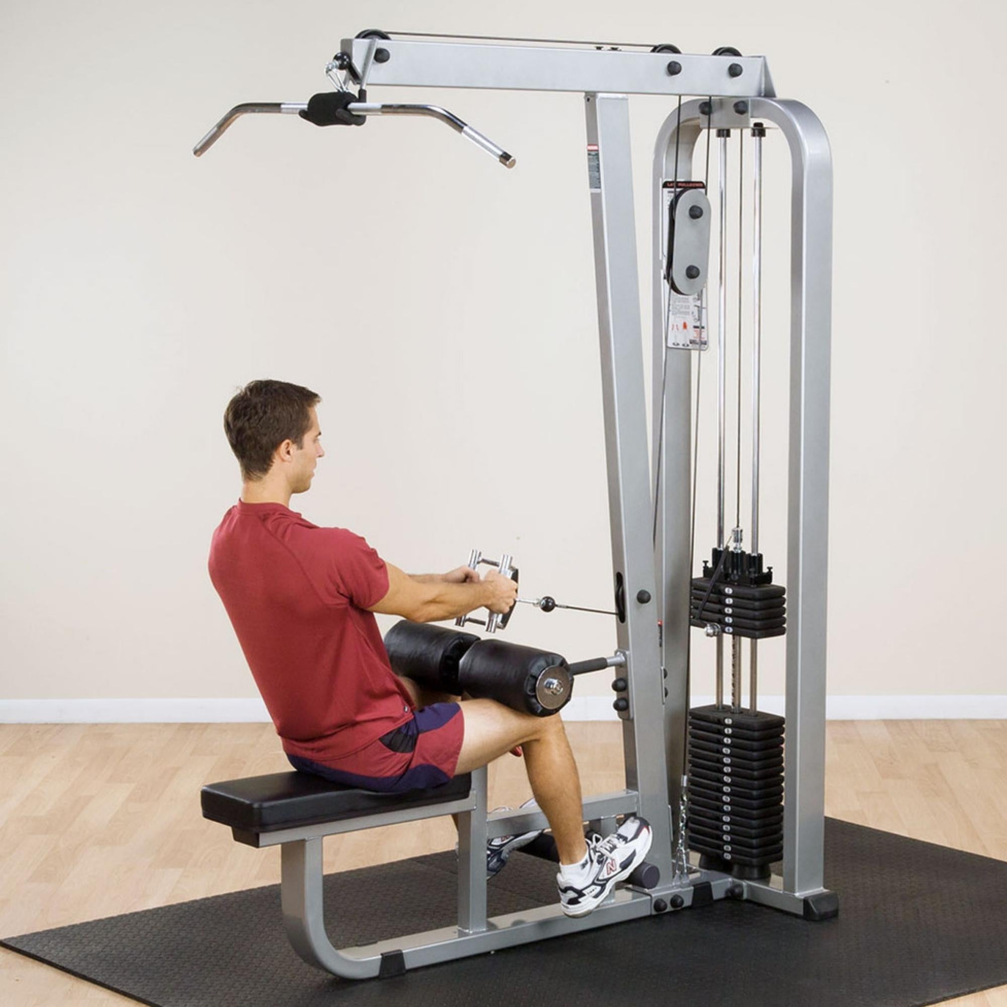 Body-Solid Pro Clubline Lat Mid Row SLM300G Seated row exercise by man using  dual-function machine