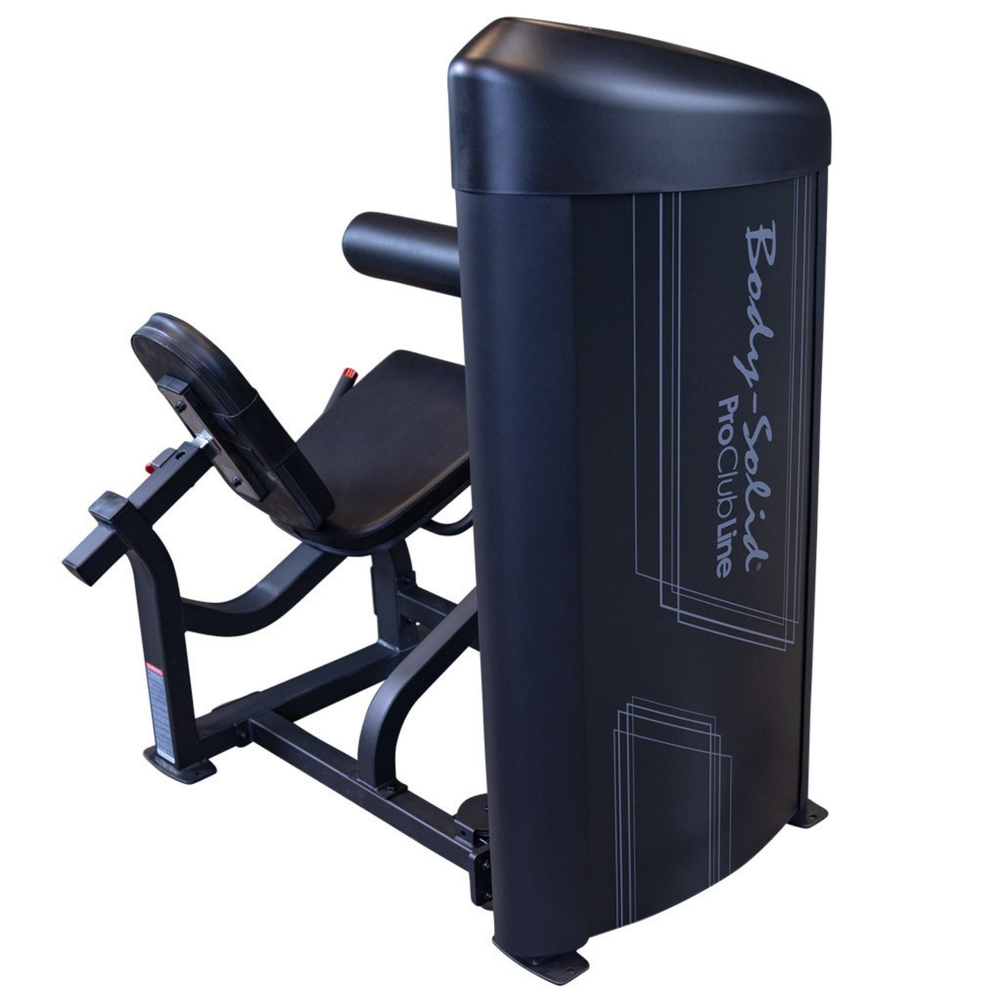 Body-Solid Pro Clubline S2LECX Leg Extension machine, showing the rear view of the black weight stack shroud with the ProClubline logo S2LECX 