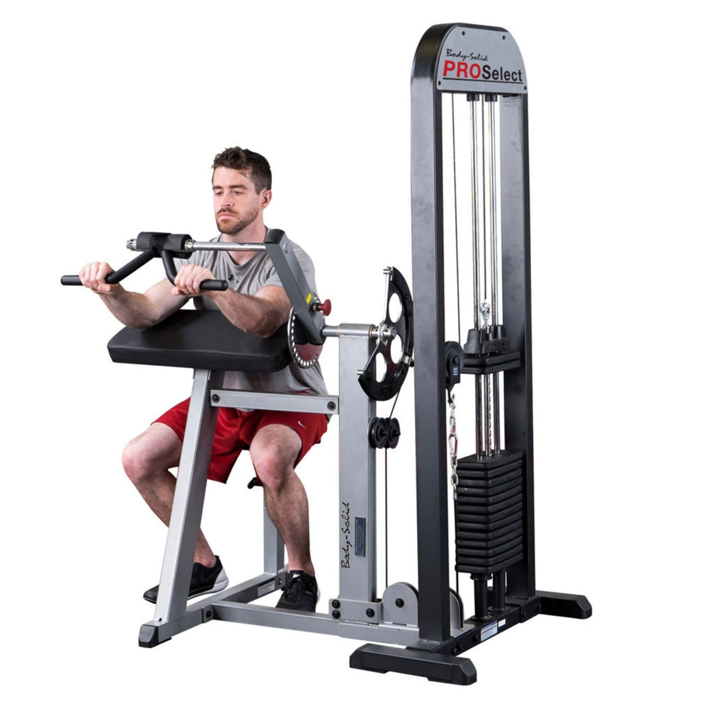 Body-Solid Pro Select CAM Biceps Triceps Machine GCBT-STK With Man Exercising a Tricep Press Down
