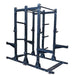 Body-Solid SPR500DBL Commercial Double Half Rack in black finish, dual-station frame with J-cups, safety arms, and plate storage posts.
