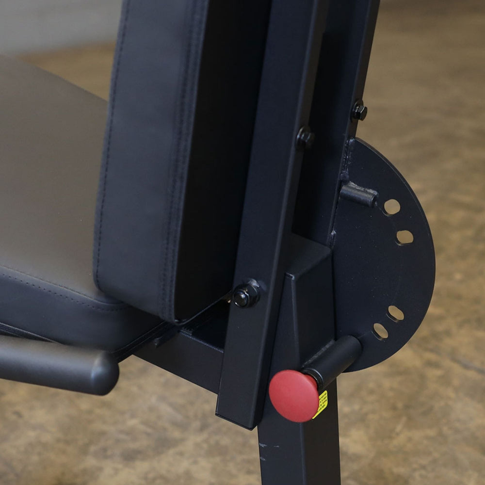 Body-Solid Seated Leg Extension & Supine Curl GLCE365B Adjustment knob and back pad close-up 