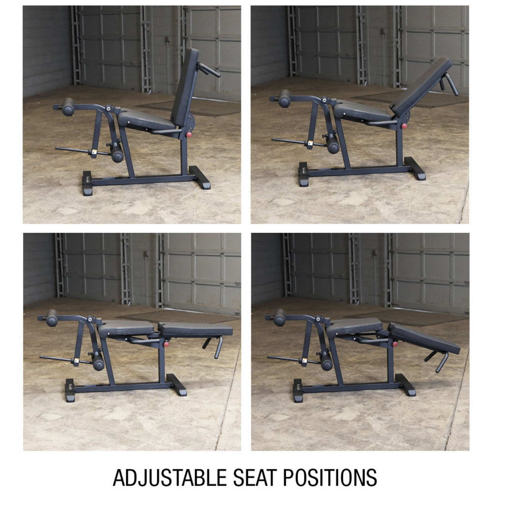 Body-Solid Seated Leg Extension & Supine Curl GLCE365B shown in four adjustable seat positions