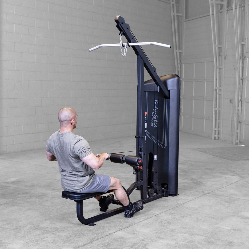 Body-Solid Series 2 Lat Mid Row S2LATX  Back view of man performing a low row cable movement on the Body-Solid ProClub Line strength machine