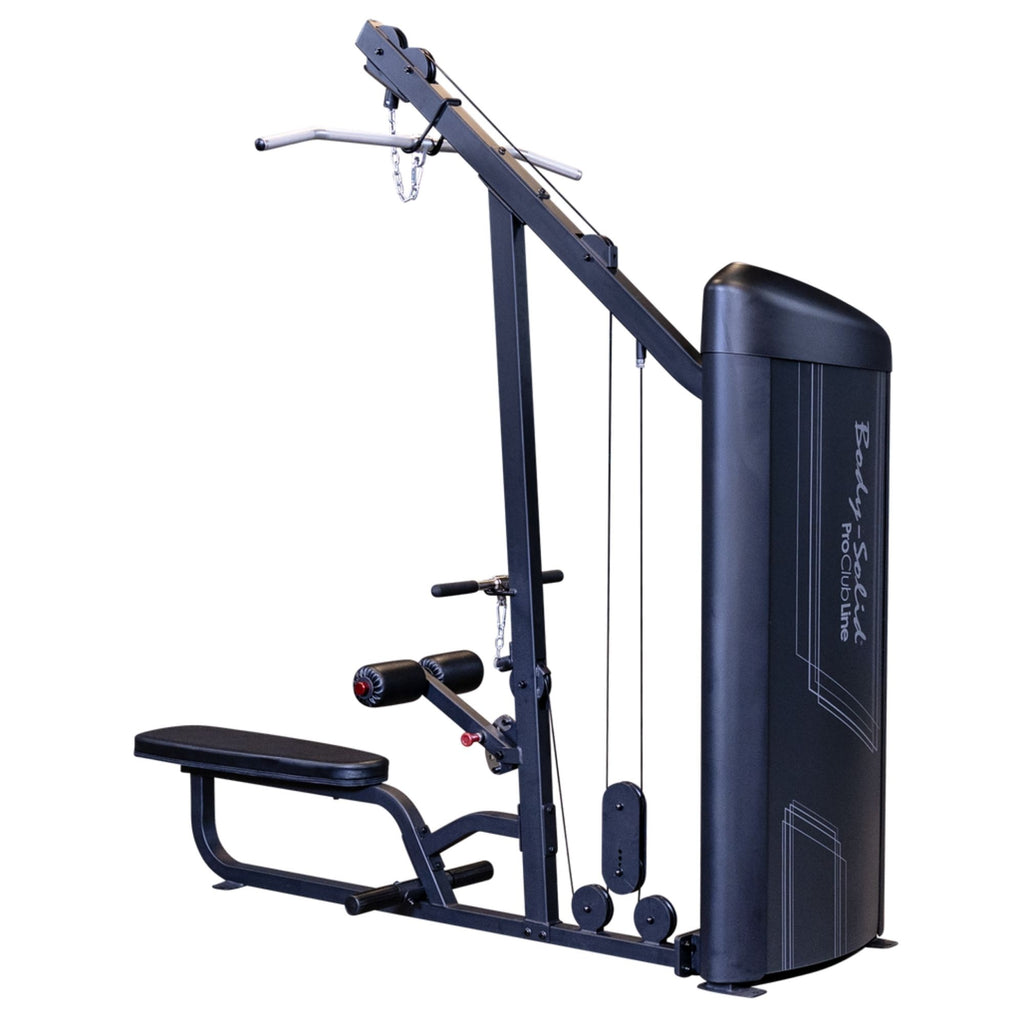 Body-Solid Series 2 Lat Mid Row S2LATX  Product-only view of Body-Solid ProClub Line lat pulldown and low row combo machine with weight stack enclosure and padded bench