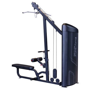 Body-Solid Series 2 Lat Mid Row S2LATX  Product-only view of Body-Solid ProClub Line lat pulldown and low row combo machine with weight stack enclosure and padded bench