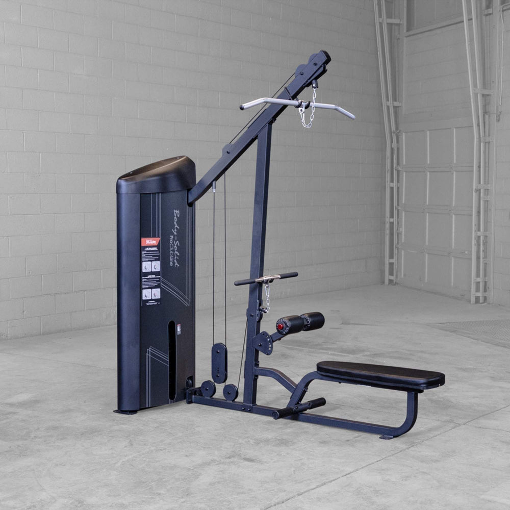 Body-Solid Series 2 Lat Mid Row S2LATX  machine shown without a user, featuring adjustable cable system and long bench
