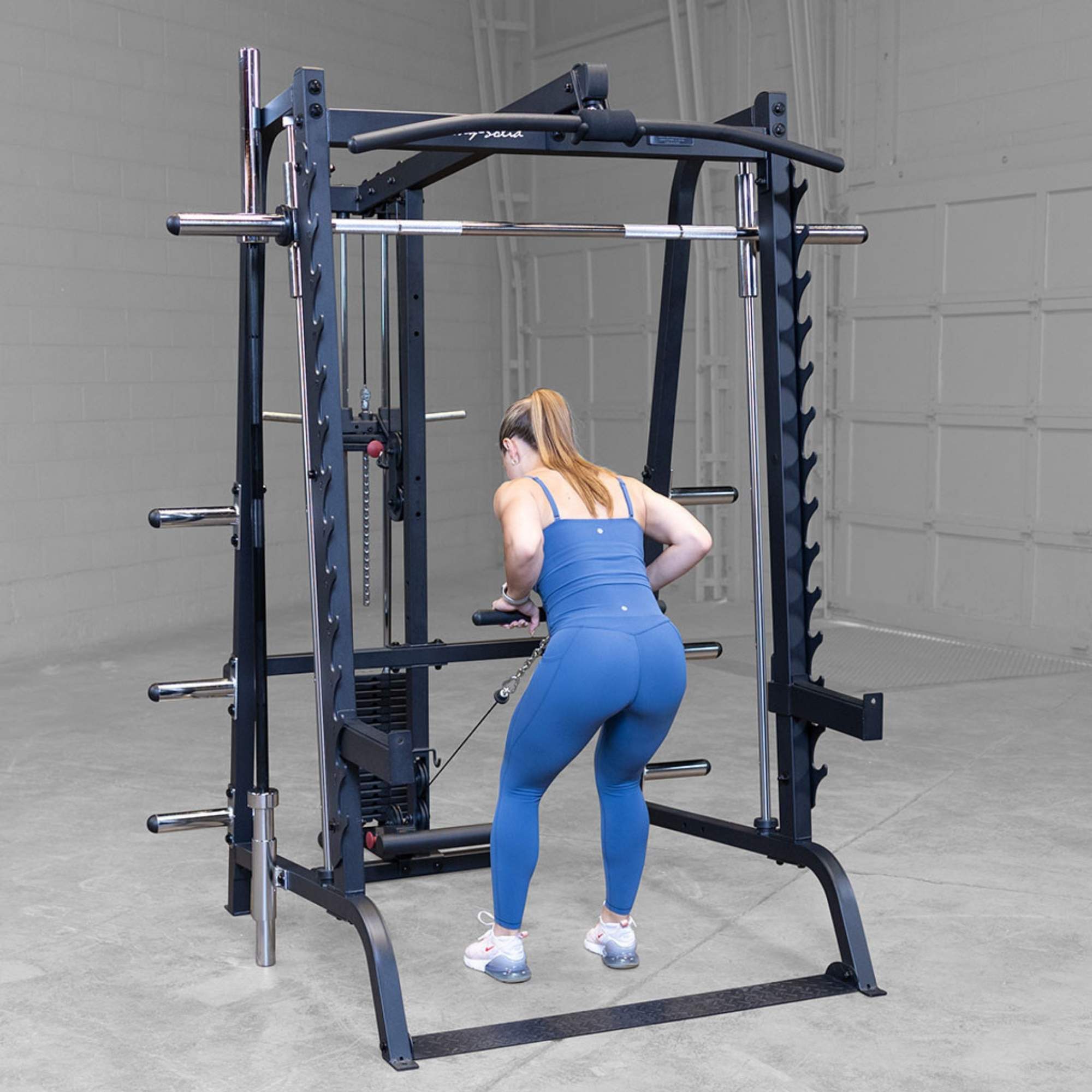 Body-Solid Series 7 Smith Machine Gym Package GS348BP4 Standing cable triceps pressdown on Smith cable combo station

