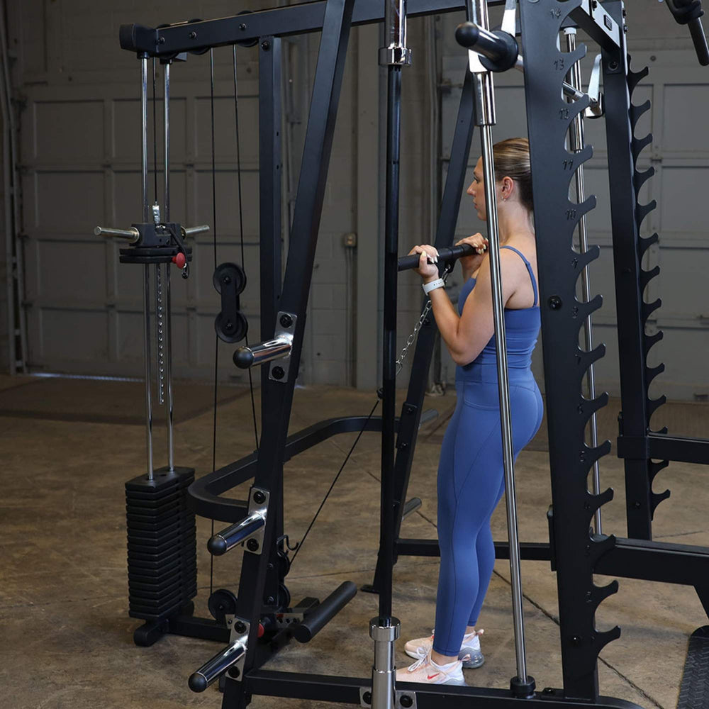 Body-Solid Series 7 Smith Machine Gym Package GS348QB4 Woman performing cable curls with close grip bar on Body-Solid system
