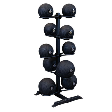 Body-Solid  Tire Tread Slam Ball Package GMR20-TIRESLAMPACK medicine ball set with a vertical black storage rack holding ten Black weighted medicine balls 