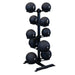 Body-Solid  Tire Tread Slam Ball Package GMR20-TIRESLAMPACK medicine ball set with a vertical black storage rack holding ten Black weighted medicine balls 