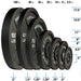 Body-Solid Tools Cast Iron 2" Olympic Plates OSB255 Set of Body-Solid Olympic weight plates ranging from 2.5 lb to 100 lb, displayed by size and diameter chart for reference.