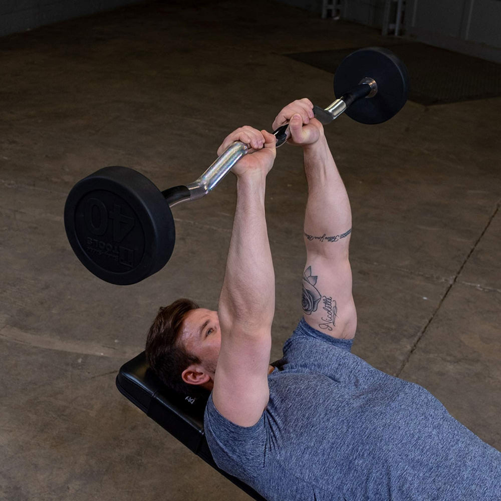 Body-Solid Tools Fixed Weight EZ Curl Barbells, from 20 to 110 lb. Incline barbell press using fixed-weight 40 lb EZ curl bar for chest activation