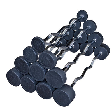 Body-Solid Tools Fixed Weight EZ Curl Barbells, from 20 to 110 lb. Set of fixed-weight EZ curl bars arranged by weight from 20 to 110 pounds