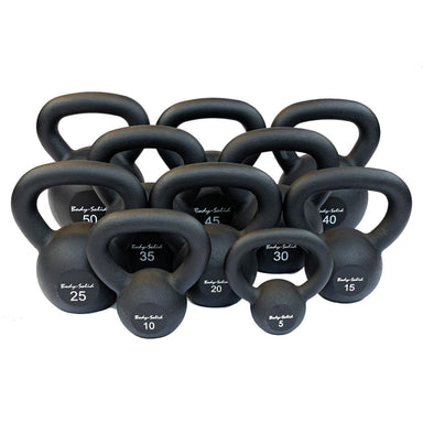 Body-Solid Tools KBR Powder Coat Kettlebells KBRS275 A set of black kettlebells arranged in rows on a white background.