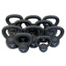 Body-Solid Tools KBR Powder Coat Kettlebells KBRS275 A set of black kettlebells arranged in rows on a white background.