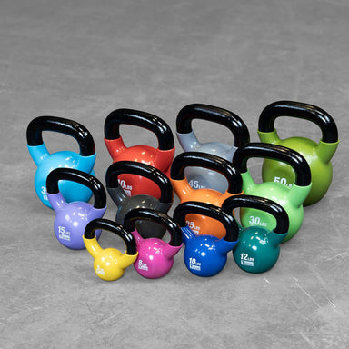 Body-Solid Tools KBV Vinyl Dipped Kettlebells KBVS275 A set of colorful kettlebells arranged on a gray surface, each kettlebell labeled with its weight in pounds.